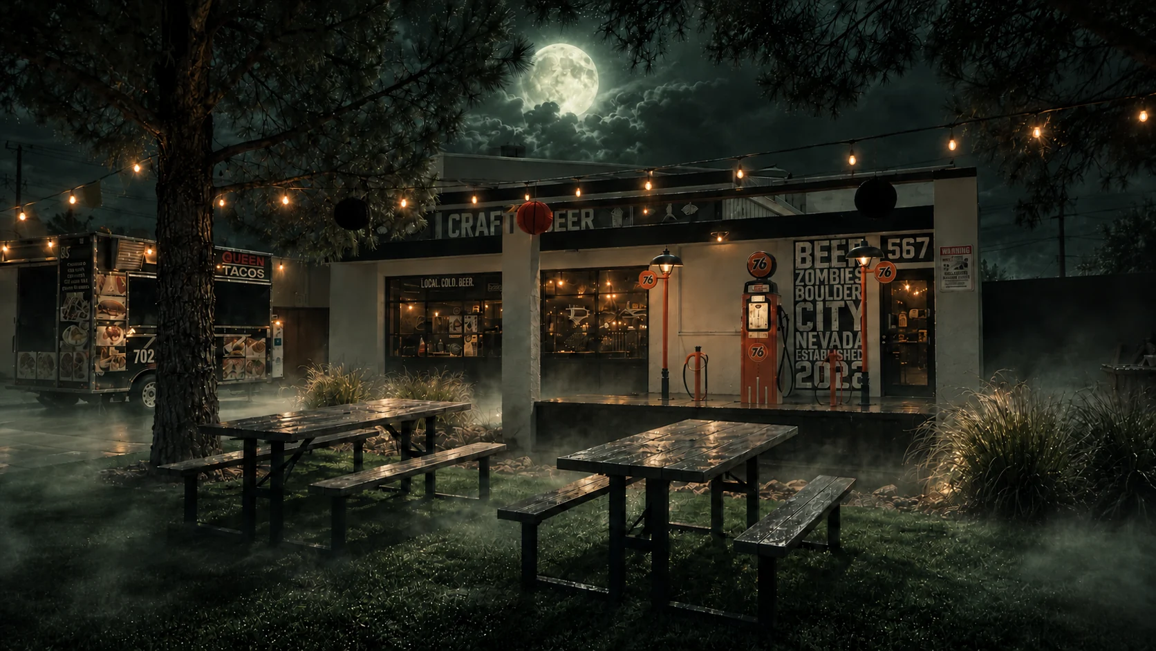 Beer Zombies Boulder City Draft Room and patio under warm string lights