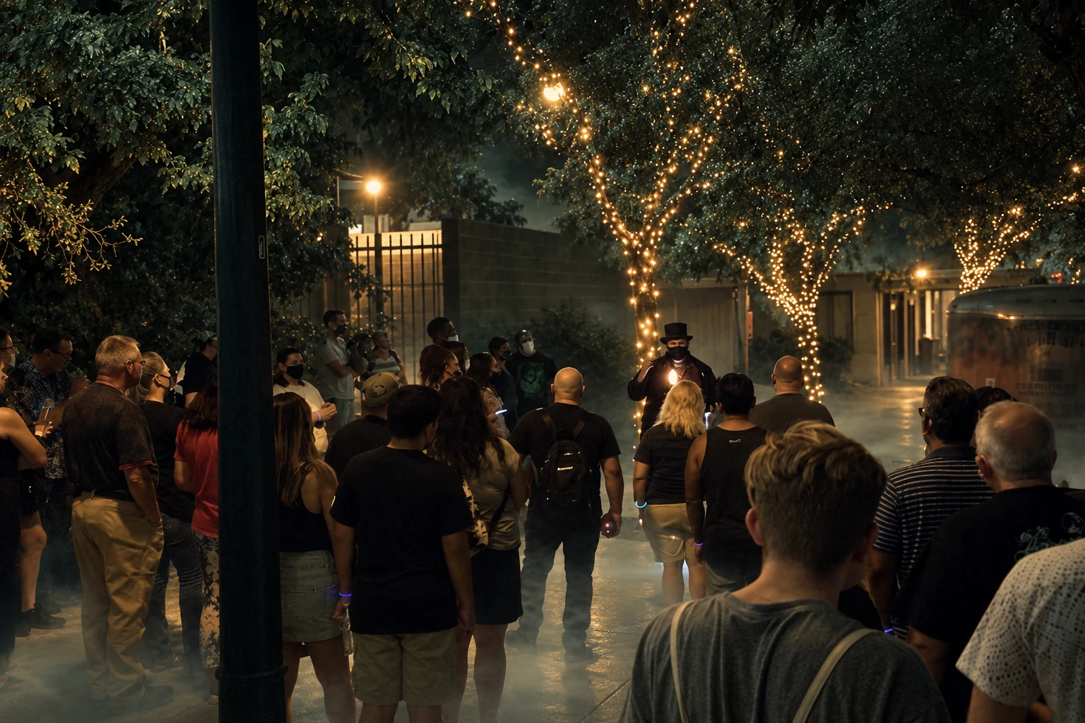 Ghost tour group gathered under string-lit trees on a foggy night around a guide in a top hat holding a lantern