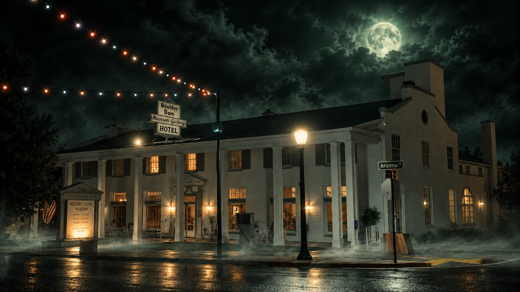 Historic Boulder Dam Hotel at night, windows glowing beside a street lamp under a full moon, fog over the wet street