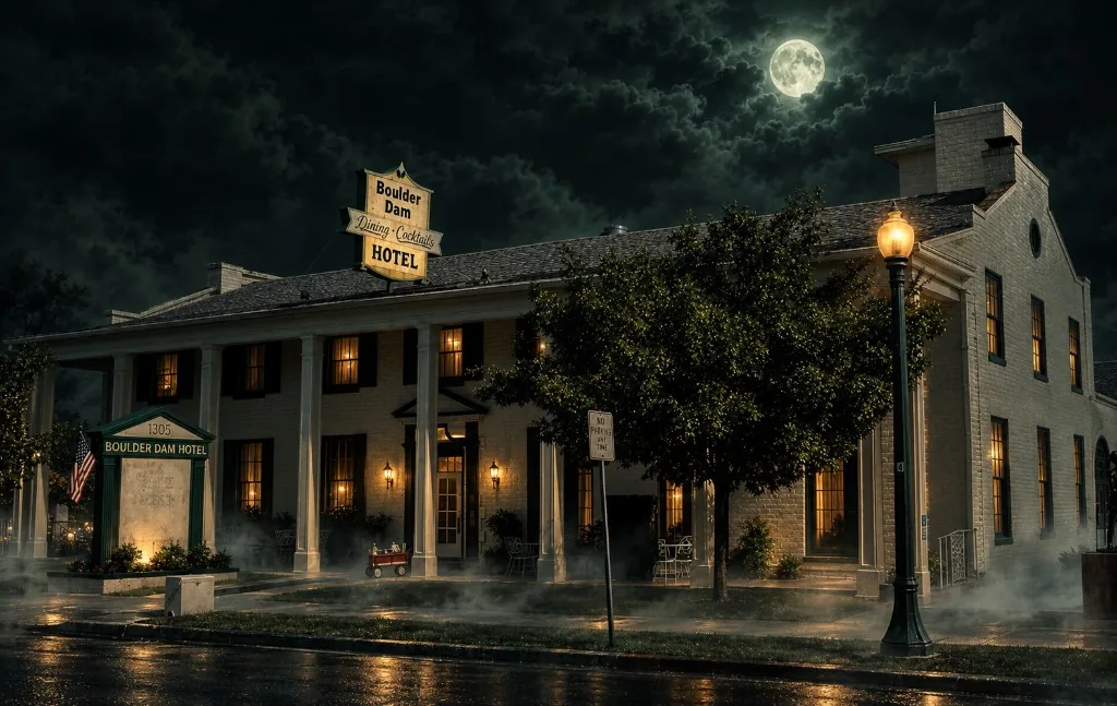 The Boulder Dam Hotel at night under a full moon, porch lights glowing through low fog