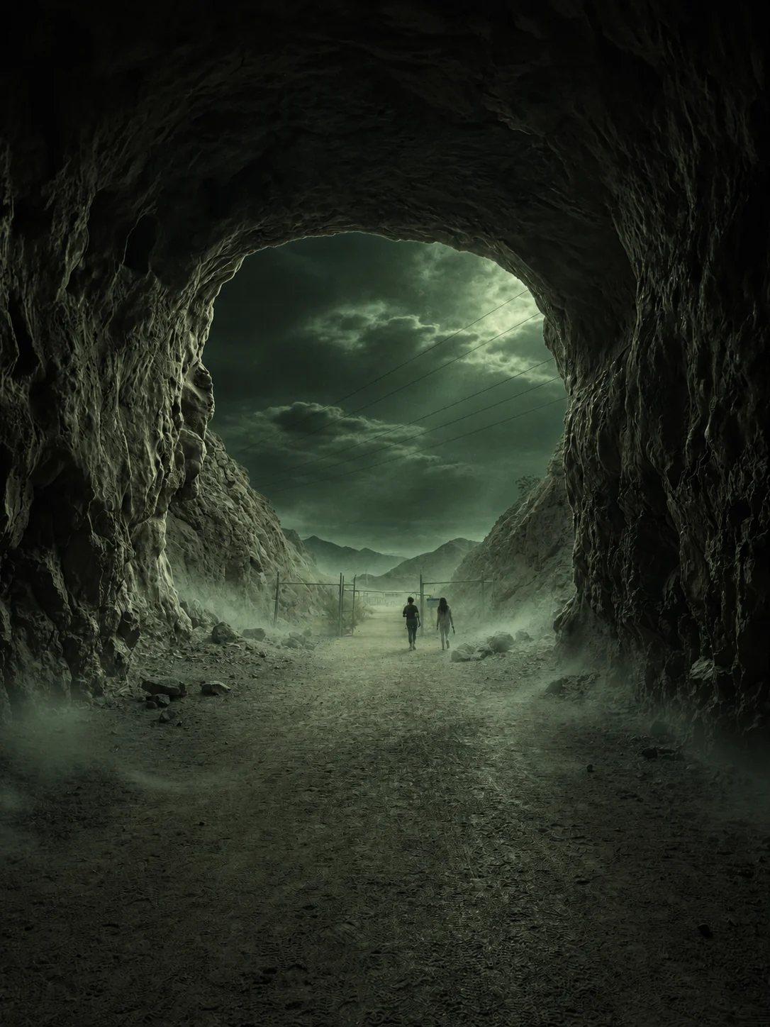 Two people walking out of a dark tunnel toward desert mountains under a stormy sky
