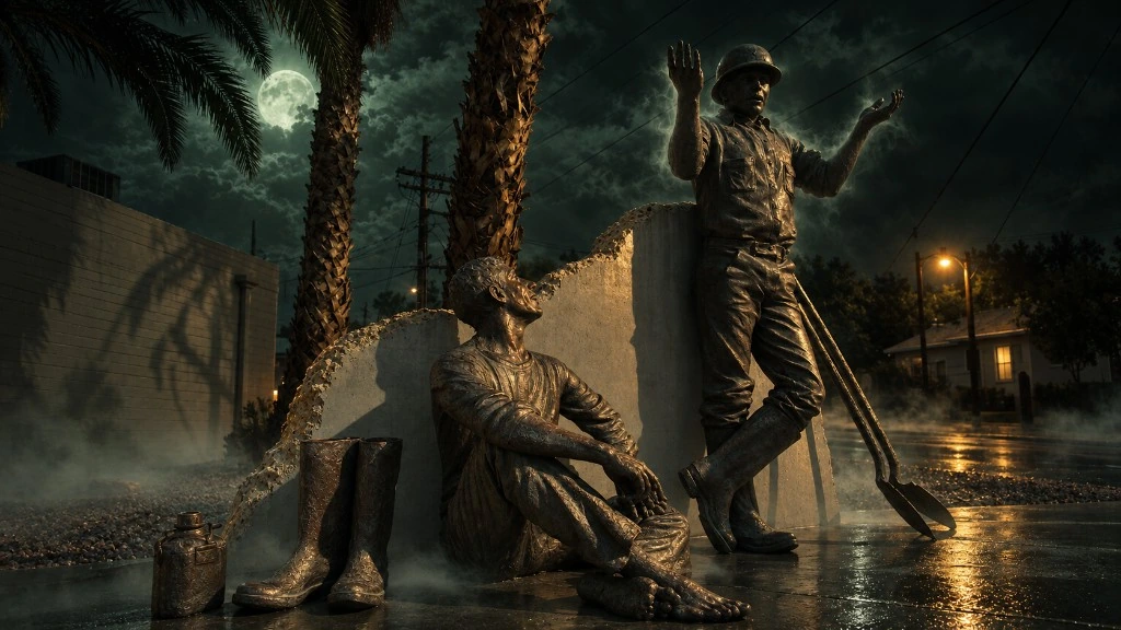 Two bronze dam worker statues, one seated by his boots, one standing with a shovel, on a foggy moonlit night