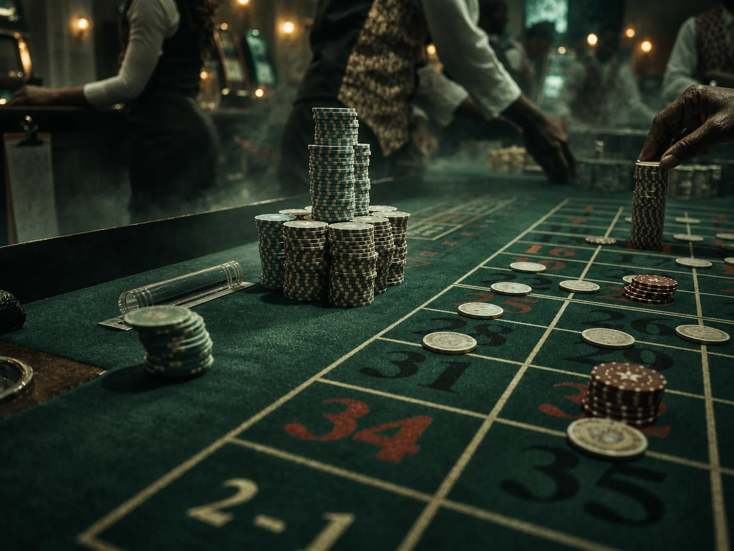 Stacks of casino chips on a roulette table as a dealer reaches across the green felt