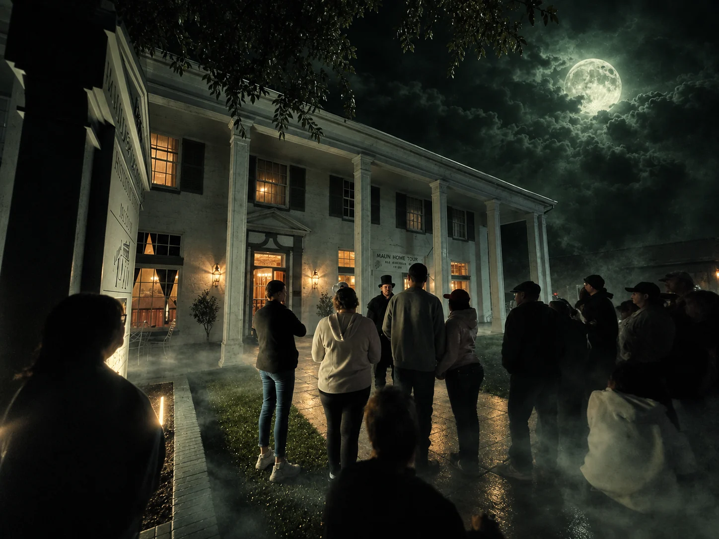 Ghost tour guests listening to a guide in a top hat outside a white columned historic building under a full moon