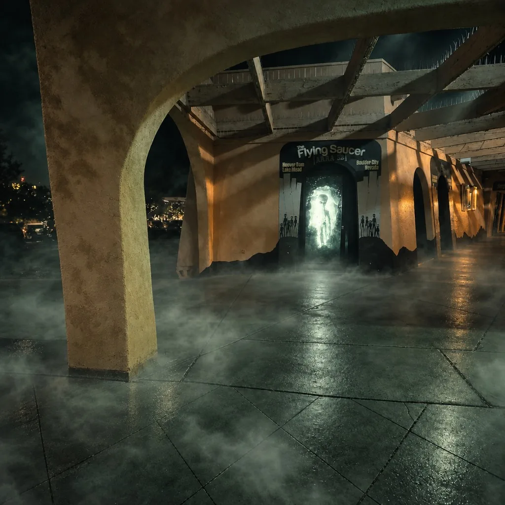 The Flying Saucer shopfront at night, a glowing alien figure in the doorway through fog