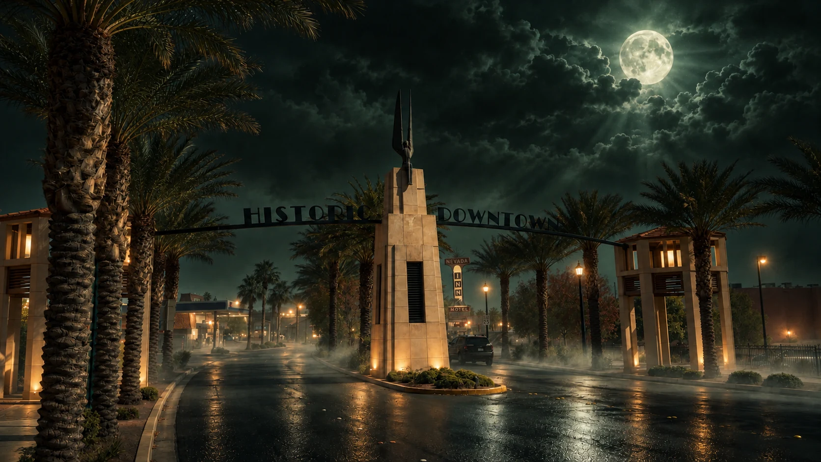 Historic Downtown Boulder City arch and monument under a full moon on a foggy Nevada night