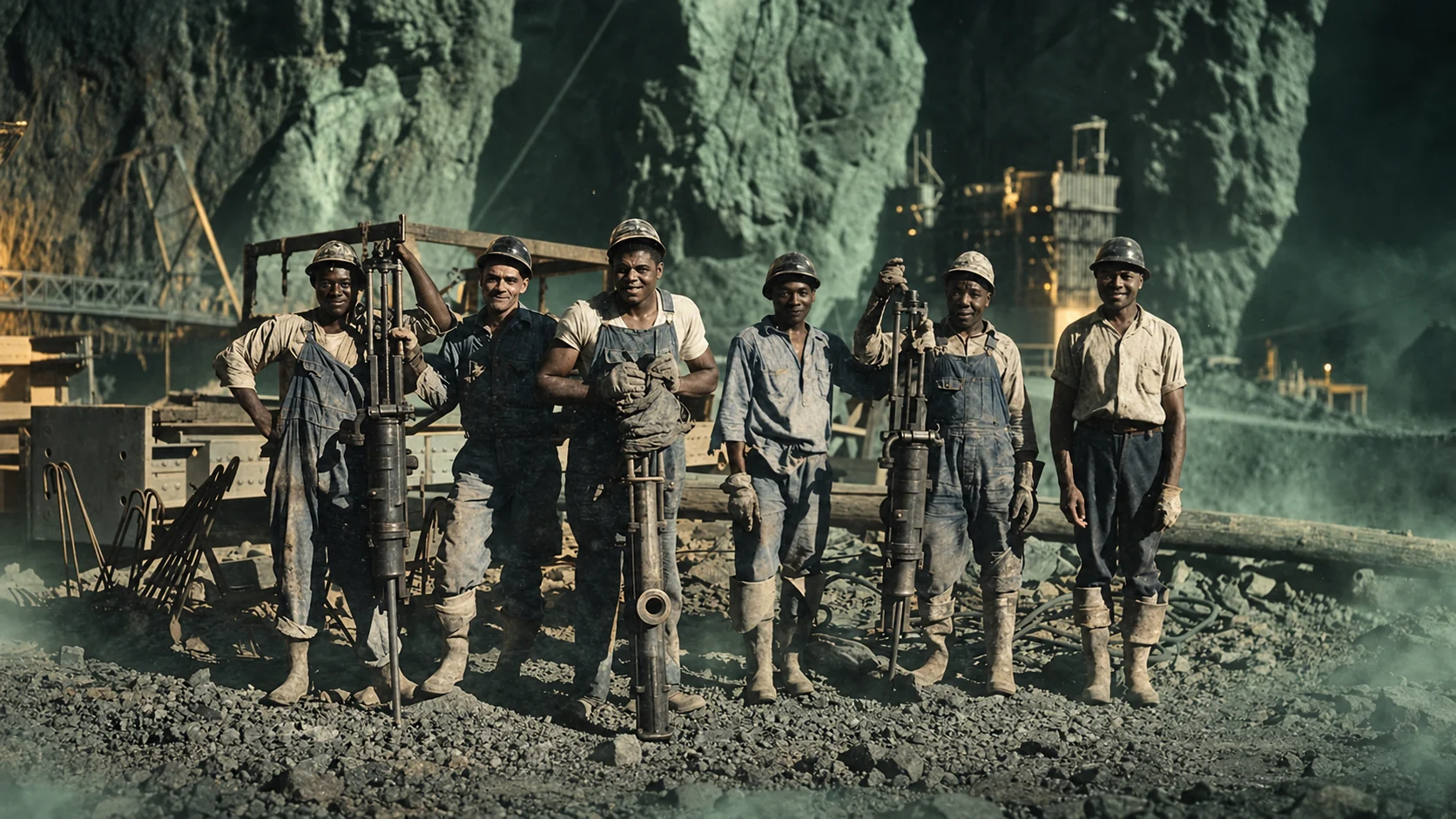Six Hoover Dam construction workers in hard hats posing with jackhammer drills on the rocky canyon floor