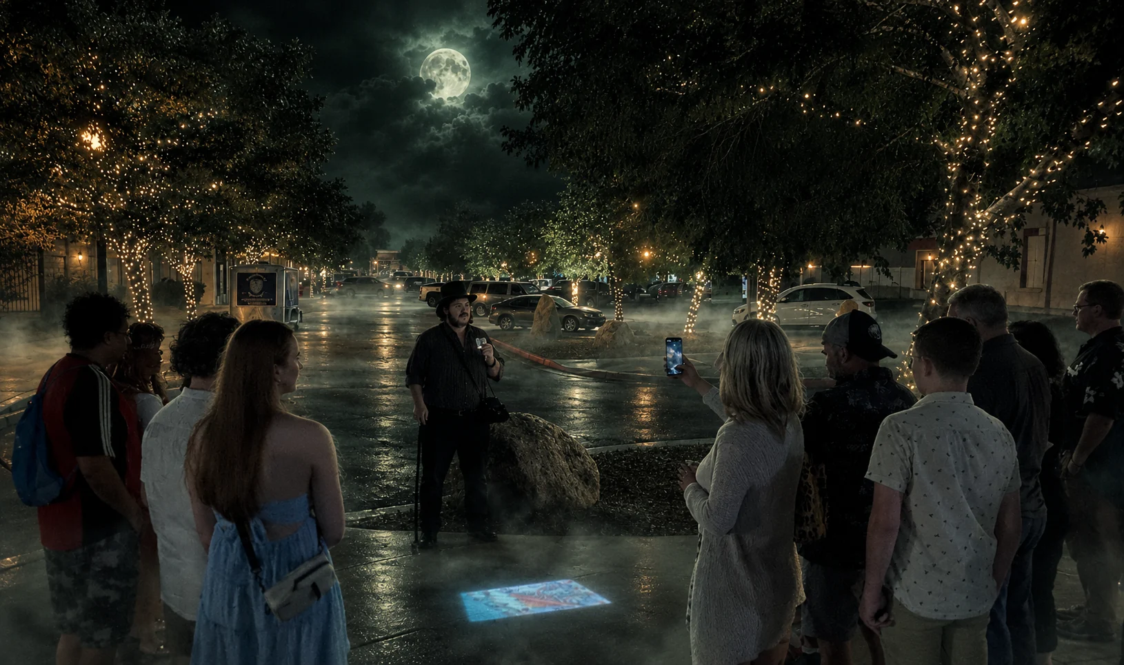 Tour guide in a top hat speaking to a group beside a boulder on a wet, moonlit street lined with string-lit trees